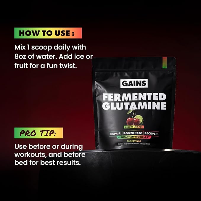 Gains in Bulk L-Glutamine, Gluten Free Glutamine Powder for Muscle Recovery and Growth, Post Workout Support, Amino Acid Supplement, Promotes Protein Synthesis, Non GMO, Cherry Limeade, 30 Servings