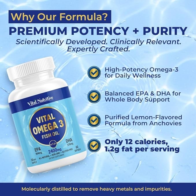 Vital Omega 3 Fish Oil Supplements 2400mg | 864mg EPA & 576mg DHA | 1440mg Total Omega-3 Fatty Acids | Promotes Brain & Heart Health | Non-GMO, Gluten-Free, Sugar-Free | Lemon | 60 Day Servings