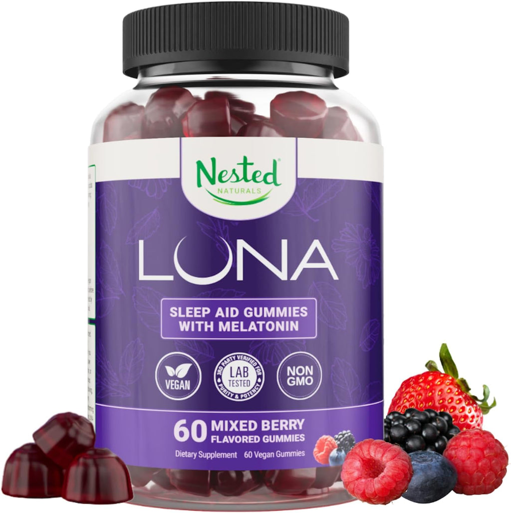 Nested Naturals Luna Sleep Gummies - Non-Habit Forming Melatonin Gummies 3mg with L-Theanine, Valerian Root, GABA, and Lemon Balm - Sleep Gummy for Adults - Mixed Berry, 60 Vegan Gummies