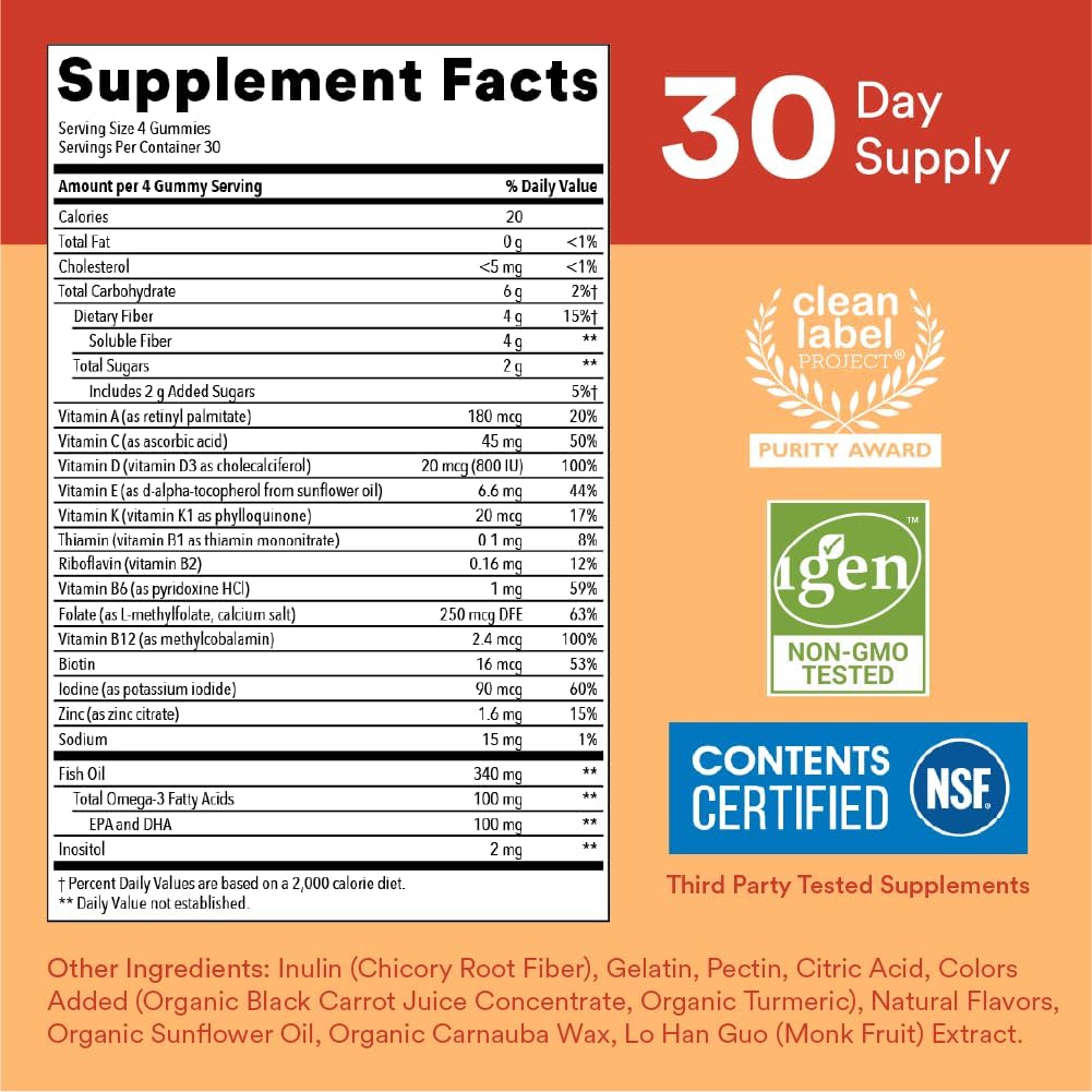 SmartyPants Kids Multivitamin Gummies and Fiber Supplement: Vitamin D3, C, Vitamin B12, B6, A, Zinc, Biotin, Inositol, Fiber Gummies, Three Fruit Flavors, 120 Count (30 Day Supply)