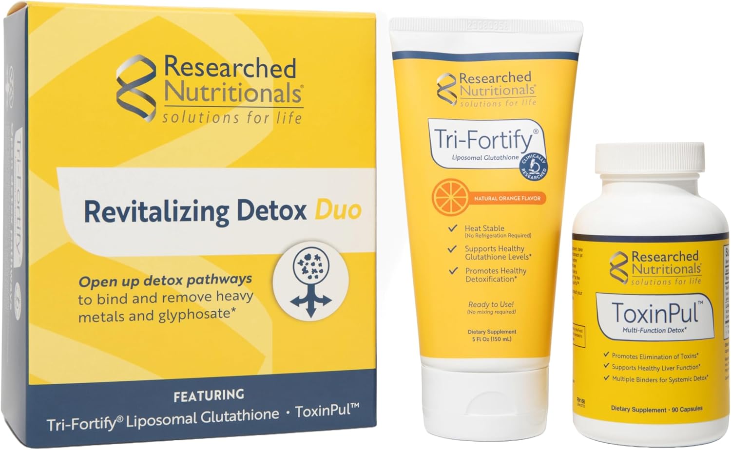 Researched Nutritionals Revitalized Detox Duo - for Immune Support, Liver Health or A Full Body Detox Cleanse - Tri-Fortify Orange Liposomal Glutathione (450mg) Liquid & ToxinPul (2 Piece Set)