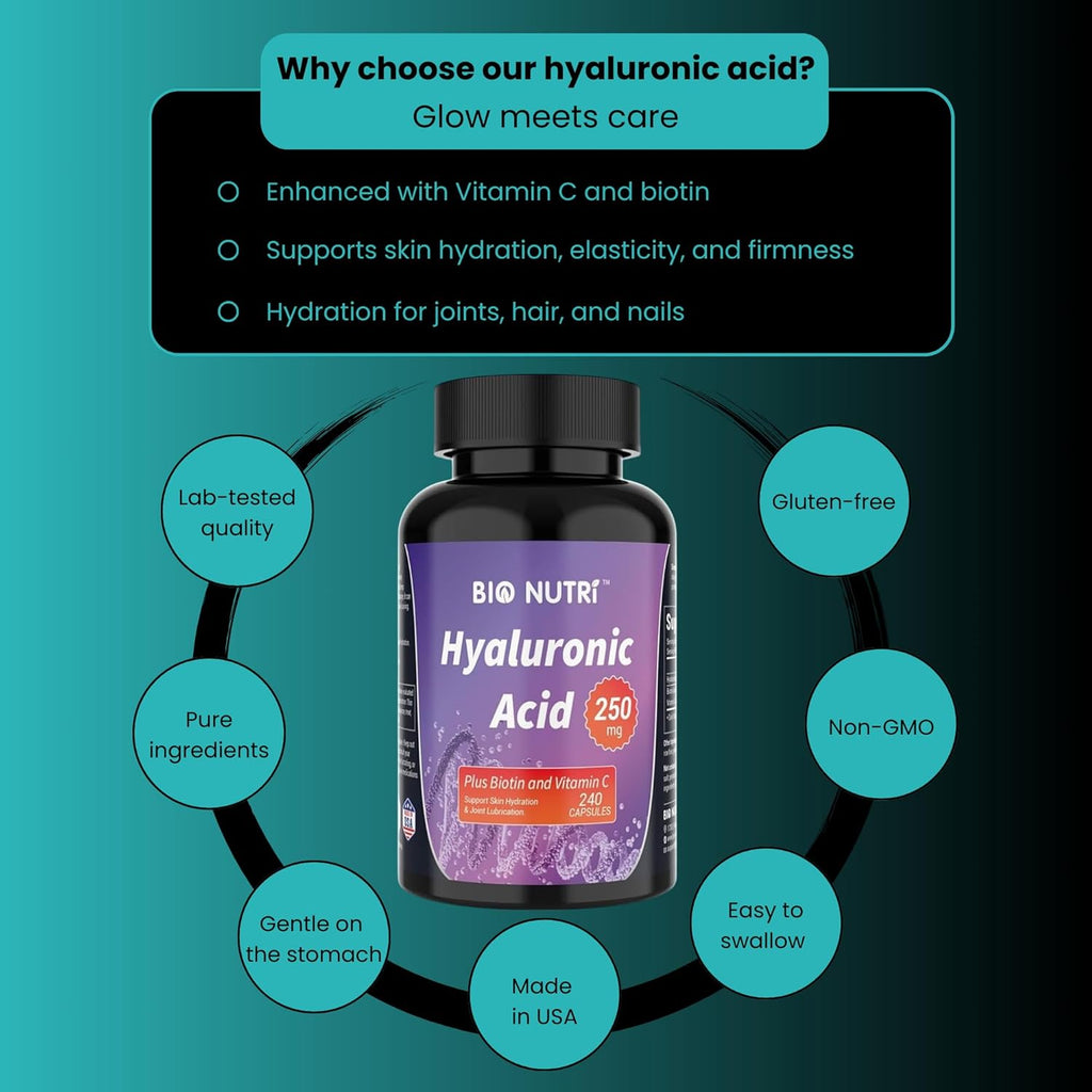 BIO NUTRI Hyaluronic Acid Supplements 250mg|240 Capsules，with Biotin 5000mcg & Vitamin C 25mg - Skin, Hair & Joint 3 in1 Support (1)