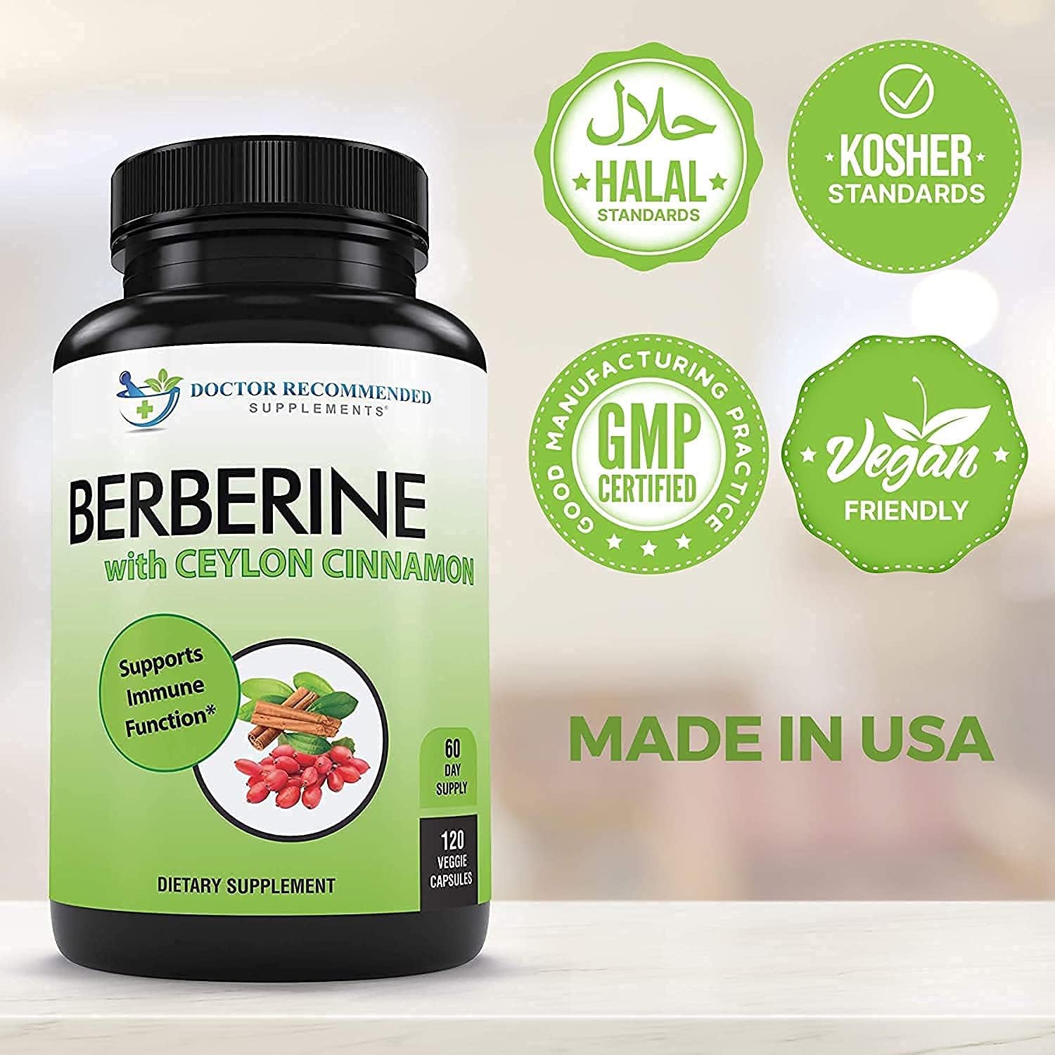 DOCTOR RECOMMENDED SUPPLEMENTS Berberine with Ceylon Cinnamon - 1200mg Berberine & 100mg Organic Ceylon Cinnamon - 120 Veggie Capsules, (Pack of 3)