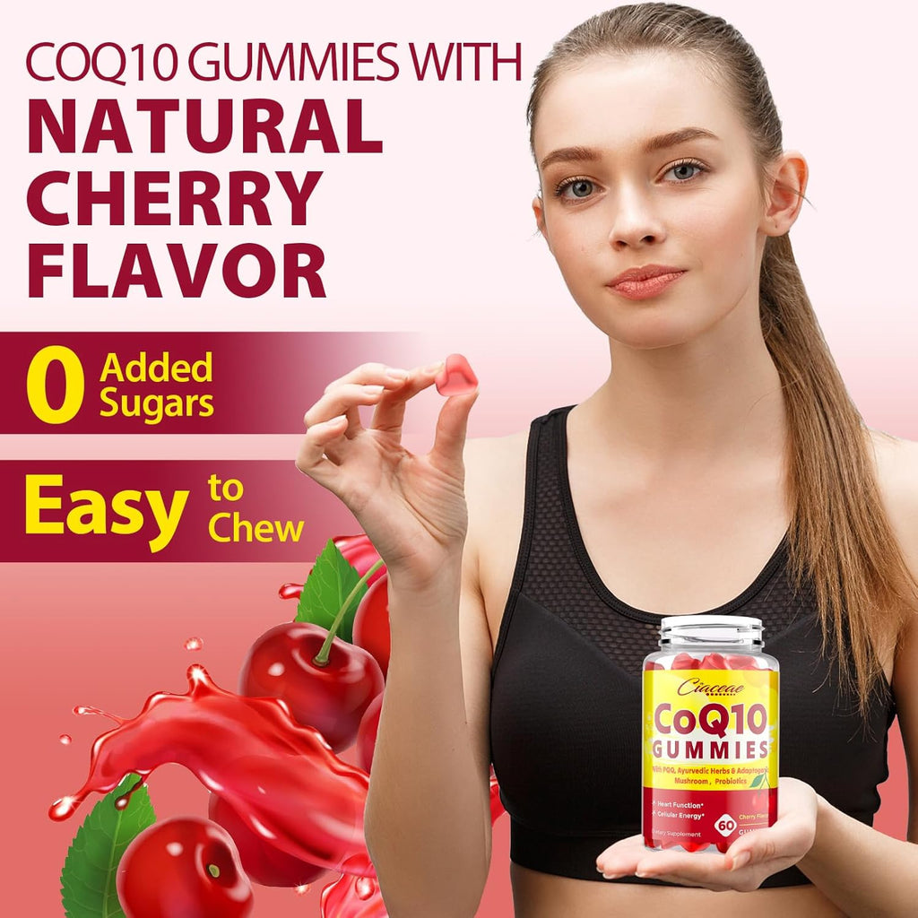 CoQ10 Gummies with PQQ - 400 MG Coenzyme Q10 High Potency, Enhanced with Ayurvedic Herbs, Adaptogenic Mushroom Blend & Probiotics for Heart, Brain, Energy, Immunity, Cherry Flavor, 120 Vegan Gummies