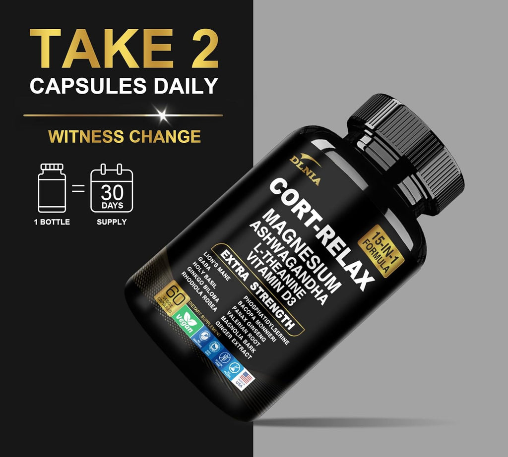 Super Calm Cortisol Supplement with Magnesium Glycinate, Ashwagandha KSM-66, L-Theanine, Phosphatidylserine, Ginkgo Biloba & Lions Mane for Calm, Focus, Mental Clarity, Relaxation, Sleep, Energy