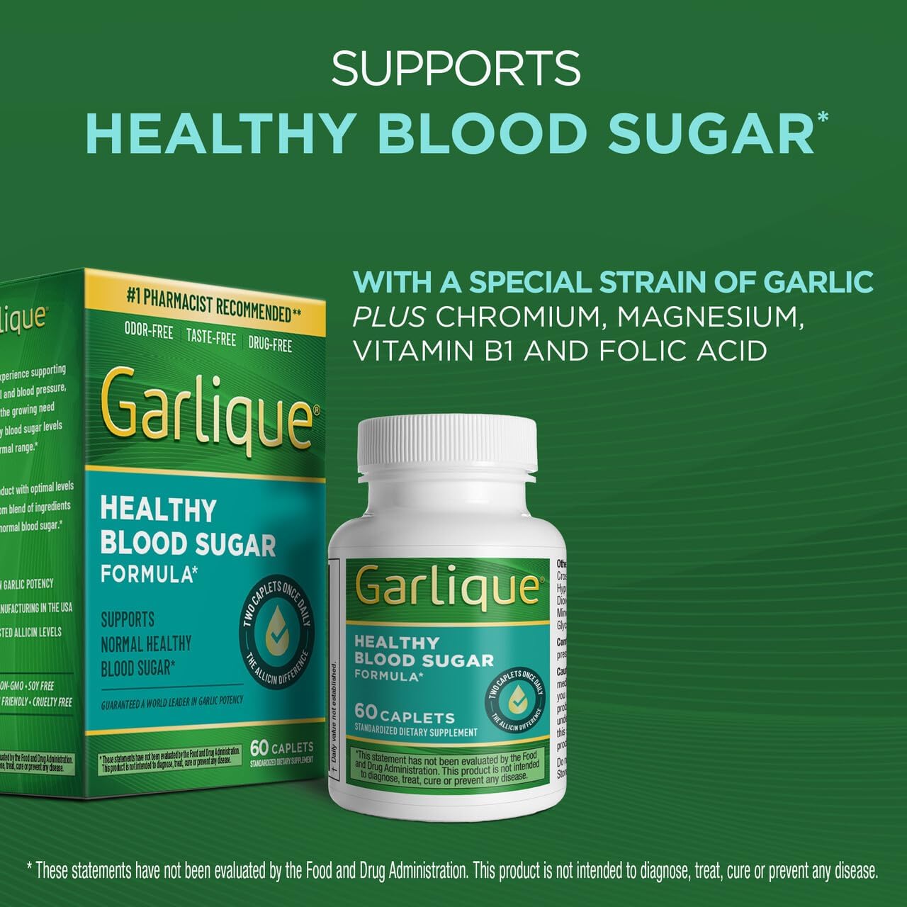 Garlique Garlic Extract Supplement, Healthy Blood Sugar Formula, 6000 mcg allicin, Odorless & Vegan, 60 Caplets