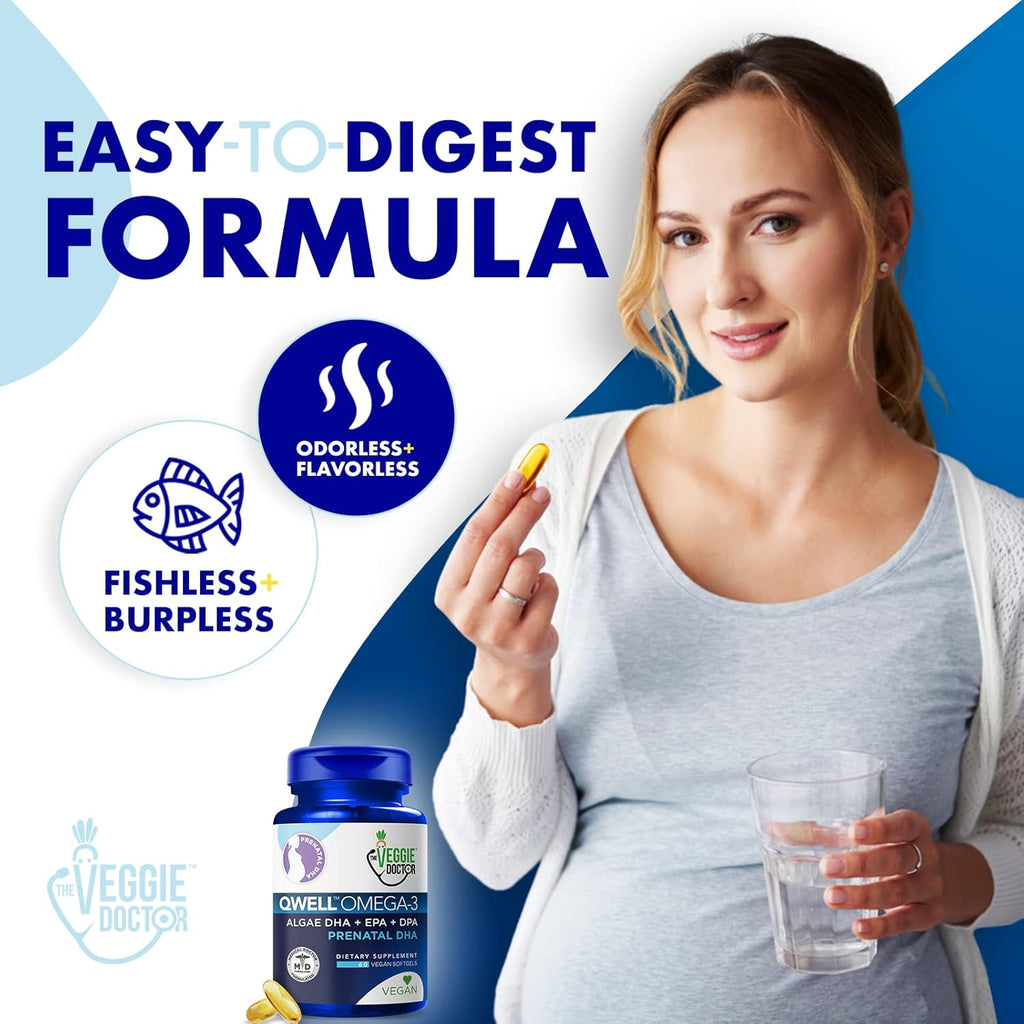 Vegan Prenatal Vitamins with DHA (60 Count) Omega-3 - Qwell Better Than Fish Oil, Brain Function - 820 Mg Algae DHA & EPA, Vegan Prenatal Vitamins with Vitamin E, Carrageenan-Free