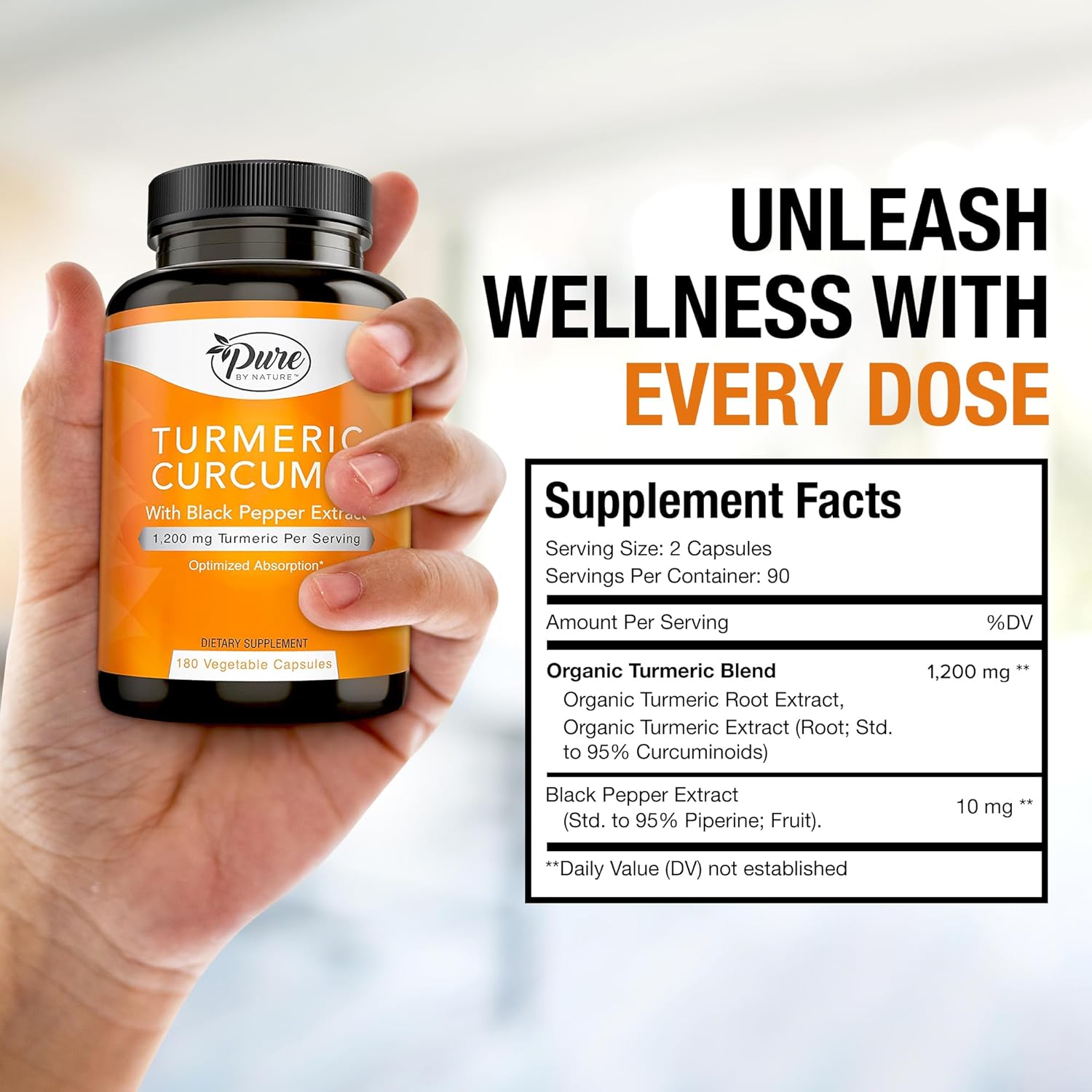 Pure By Nature Turmeric Curcumin with Black Pepper Extract 10 mg Capsules, 1200 mg per Serving, Organic, High Absorption Antioxidant Support (180 Count)