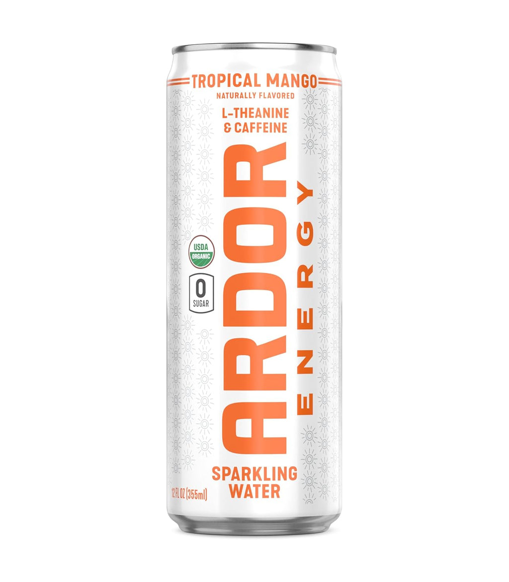 ARDOR ENERGY Sparkling Water with 100mg Natural Caffeine & 200mg L-Theanine from Organic Green Tea for Smooth Energy & Focus | Healthy Energy Drink | No Sugar, Zero Calories, Vegan, Gluten-Free | Tropical Mango (Pack of 12, 12oz cans)