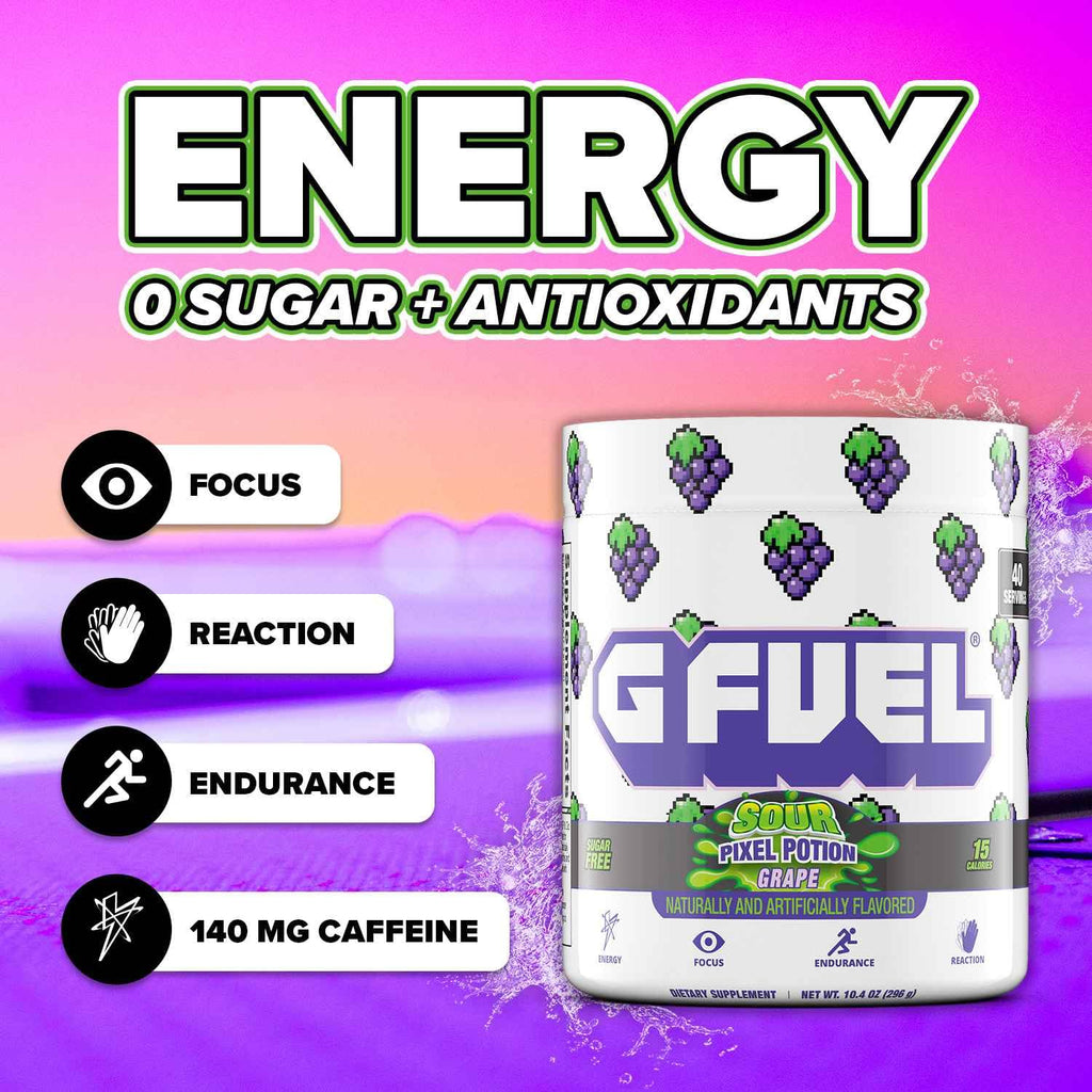 G Fuel Sour Pixel Potion Energy Drink Powder, Sugar-Free Focus + Energy Supplement with Antioxidants & Vitamins for Gaming & Workout, Sour Grape Flavor, 40 Servings