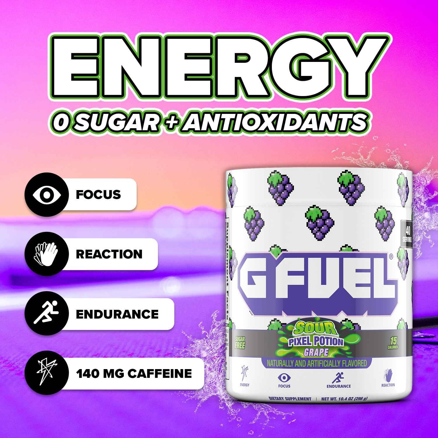G Fuel Sour Pixel Potion Energy Drink Powder, Sugar-Free Focus + Energy Supplement with Antioxidants & Vitamins for Gaming & Workout, Sour Grape Flavor, 40 Servings