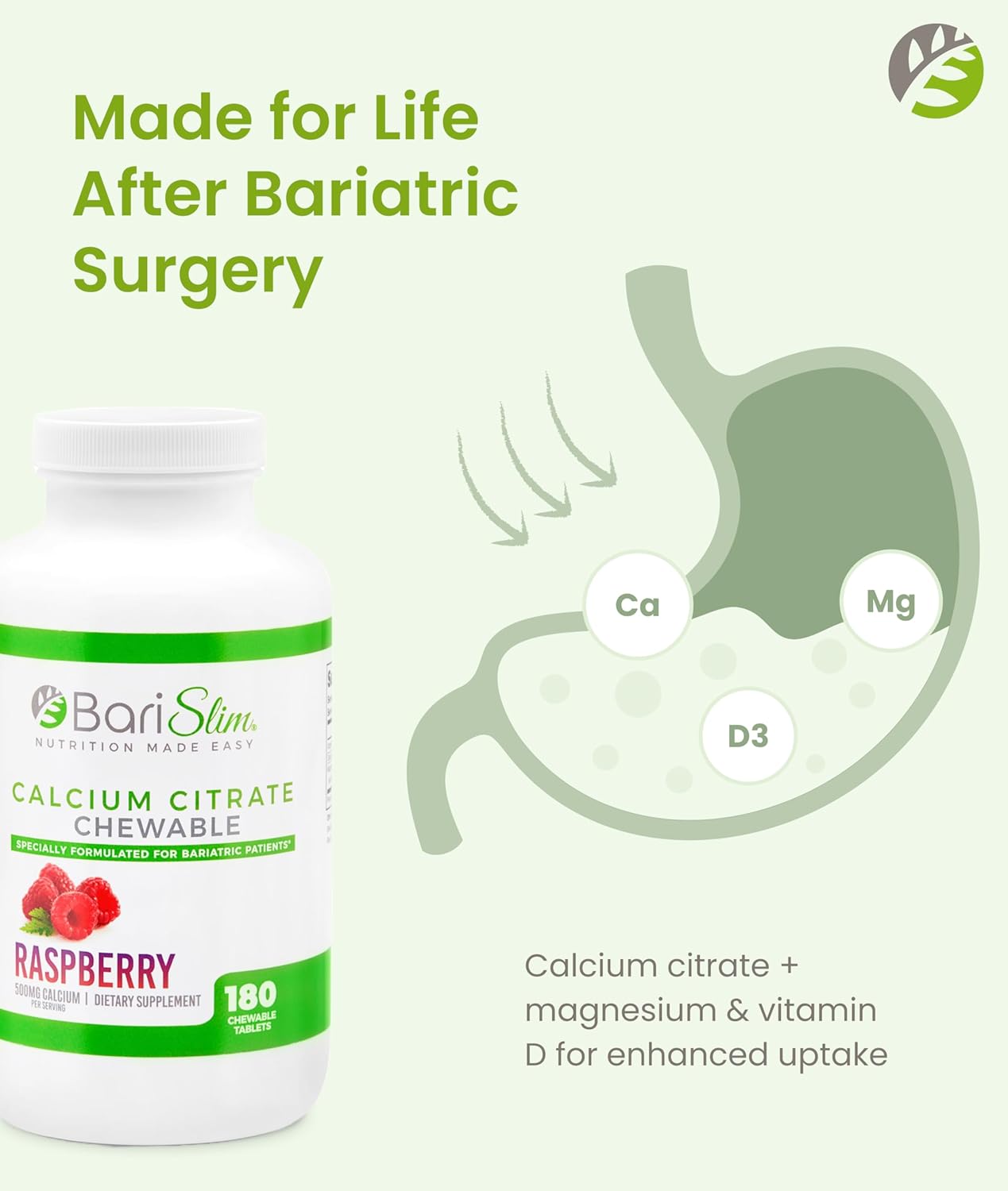 BariSlim Bariatric Calcium Citrate with Magnesium & Vitamin D Tabs - 500mg Calcium Citrate - Formulated for Post Weight Loss Surgery - Supports Bone Health | Raspberry Flavor