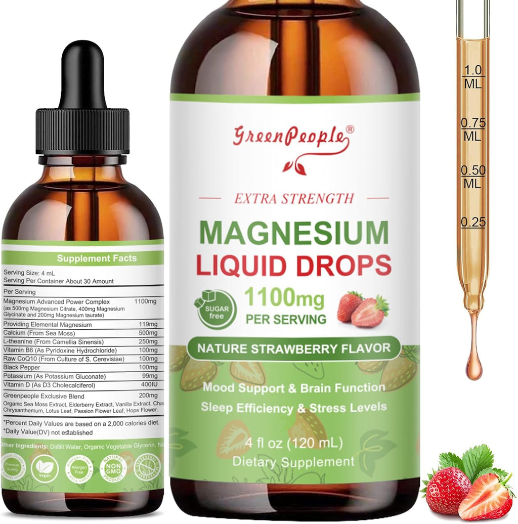 GREENPEOPLE Magnesium Glycinate Liquid Drop - 17-in-1 4Fl. Oz Triple Magnesium Complex Supplement with Glycinate 400mg & Citrate 500mg Taurate/L-Theanine for Calm Mood/Muscle/Sleep,Strawberry Flavor