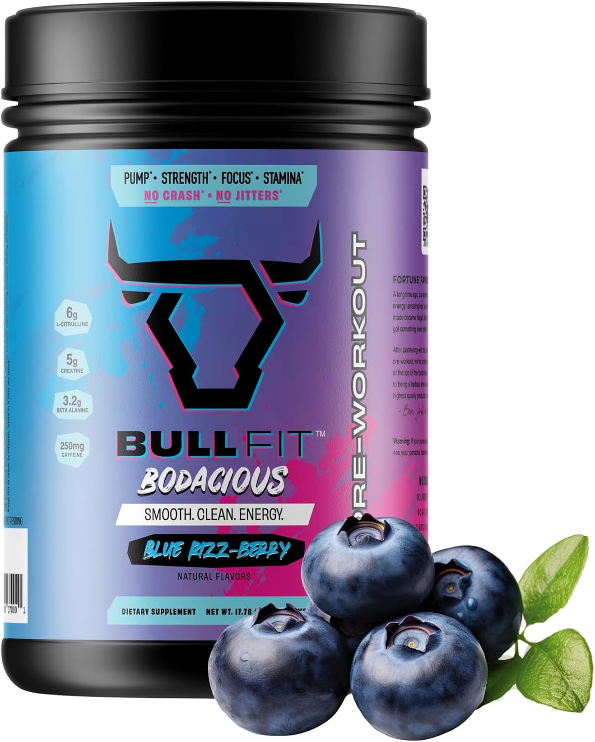 BULLFIT Pre Workout Powder, Support for Men & Women, L Citrulline, Creatine, Beta Alanine & Electrolytes, Powdered Drink Mix with No Sucralose & Zero Sugar, 20 Srvgs (20 SRV, Blue Raspberry)