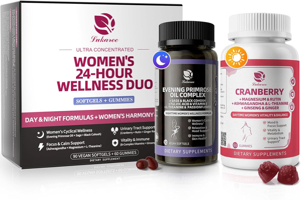 Evening Primrose Oil & Cranberry Wellness Duo – Supports Urinary Health, Hormonal Balance, Skin Health, Stress Relief, and Relaxation – Daytime Clarity & Nighttime Calm – 30-Day Supply
