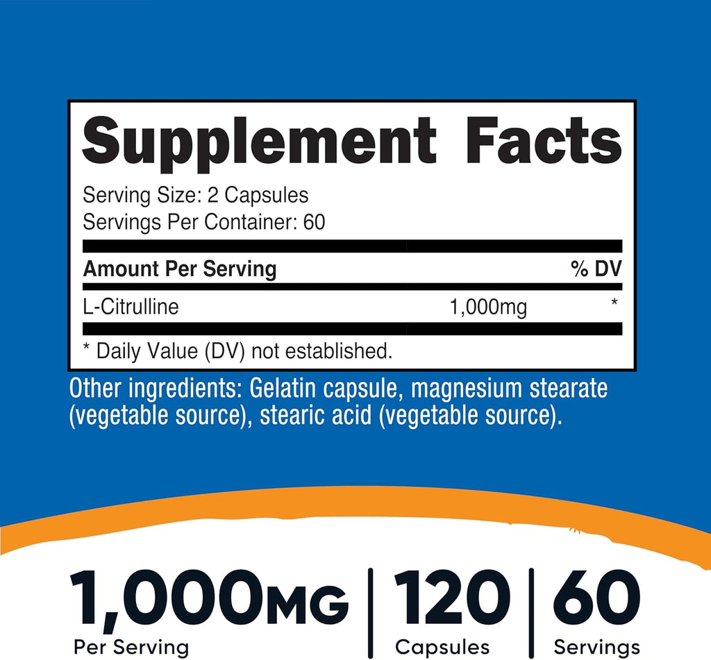 Nutricost L-Citrulline 500mg, 120 Capsules - Gluten Free, Non-GMO, 1000mg Per Serving (60 Serv)