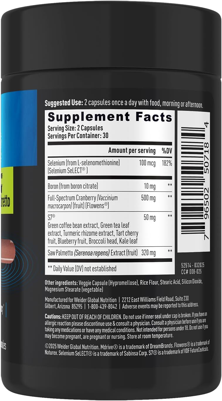 Weider Prime Prostate Health for Men, Saw Palmetto, Dual Action with N.O. Boost, Promotes Flow and Normal Frequency, 60 Veggie Capsules