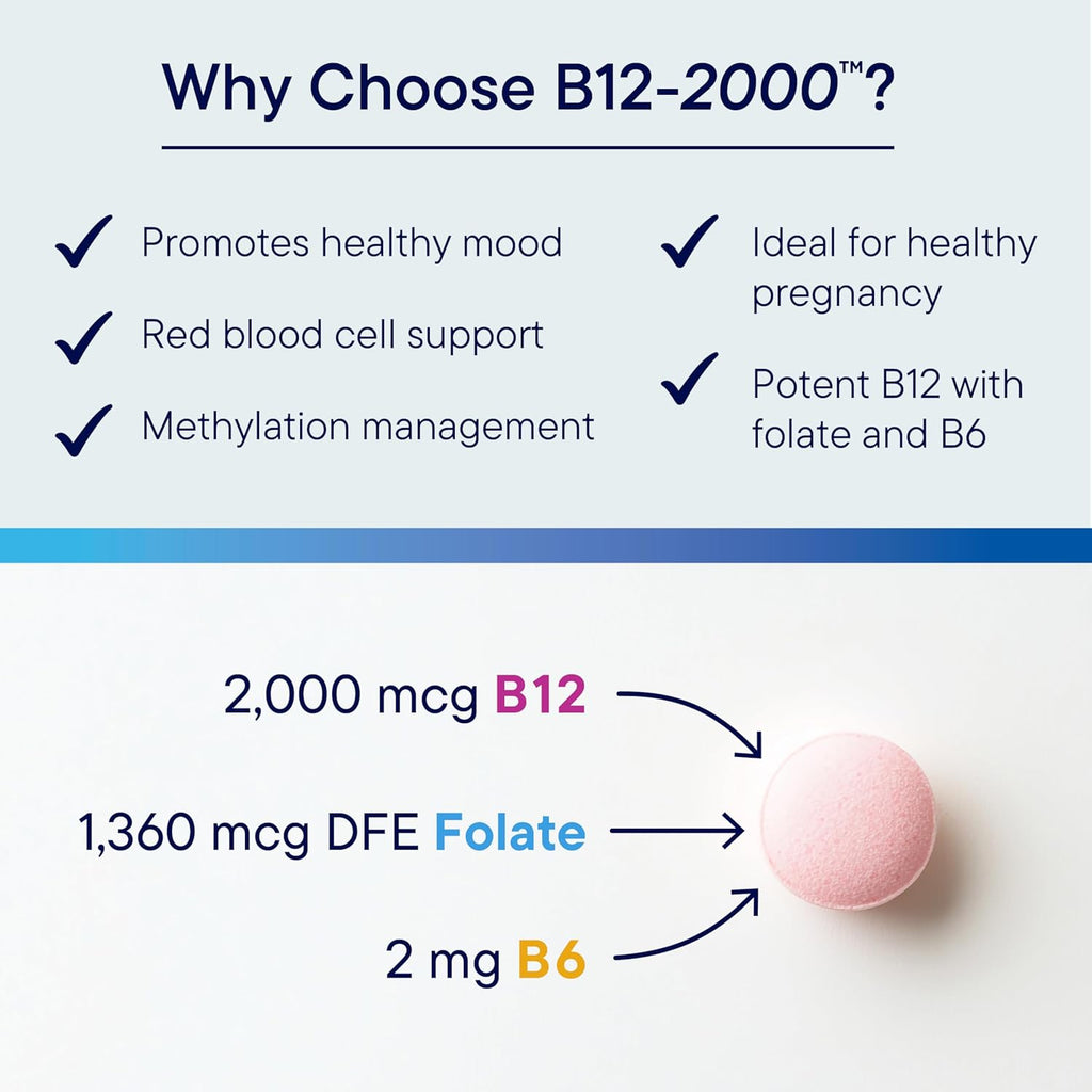 Biotics Research B12-2000™ Vitamin B12 2000 mcg, B6, Folate–B12 Sublingual Lozenges, Methylation Support Supplement, High Potency, Highly Absorbable, Natural, Berry Flavor, Dissolves Easily–60 Count