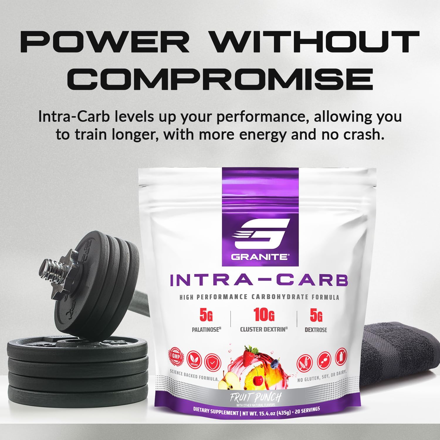 Granite Intra Carb Powder, Fruit Punch Flavor, High-Performance Carbohydrate Blend with Cluster Dextrin, Palatinose, & Dextrose, Supports Energy and Training (20 Servings)