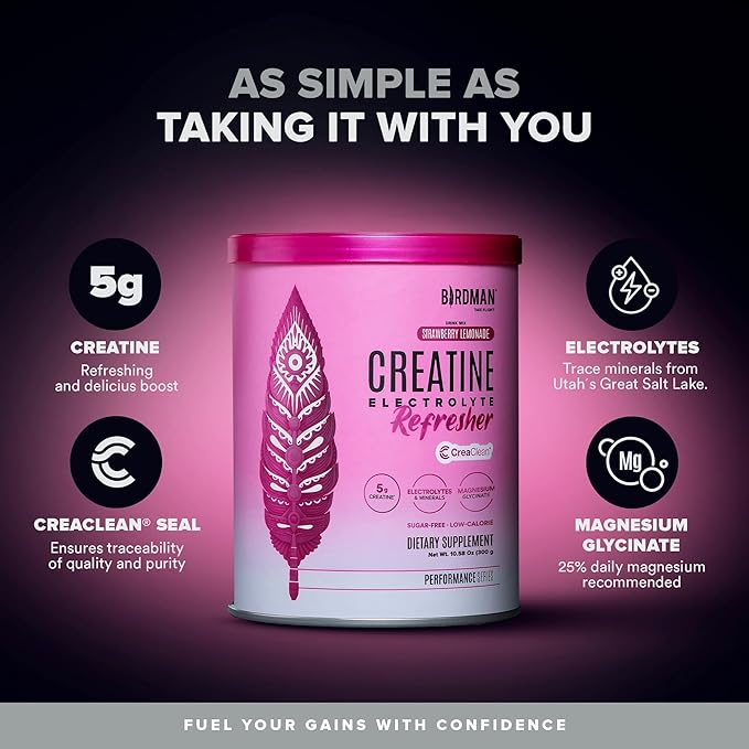 BIRDMAN Creatine Refresher | Creatine Monohydrate Powder with Electrolytes, Magnesium Glycinate & Vitamins | Creaclean Seal | Sugar Free, Low Calorie | Strawberry Lemonade | 30 Servings