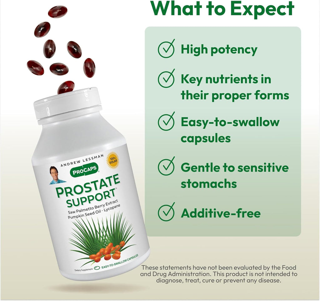 ANDREW LESSMAN Prostate Support Supplement for Men's Health, 30 Softgels, No Additives - Saw Palmetto for Men, Pumpkin Seed Oil, Lycopene, Omega-3 for Prostate Health, Urinary, Bladder Function