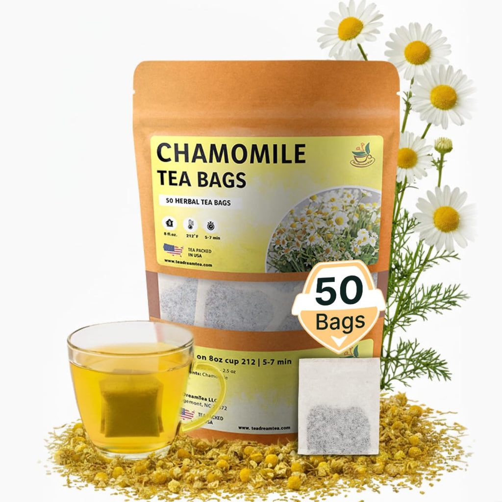 Chamomile Tea Bags - 50 Bags (Premium Natural Pure Leaf Tea - 50 Count) Gluten-Free and Caffeine-Free Herbal tea for Relaxation, Wallness, Immune Support with Smooth Taste