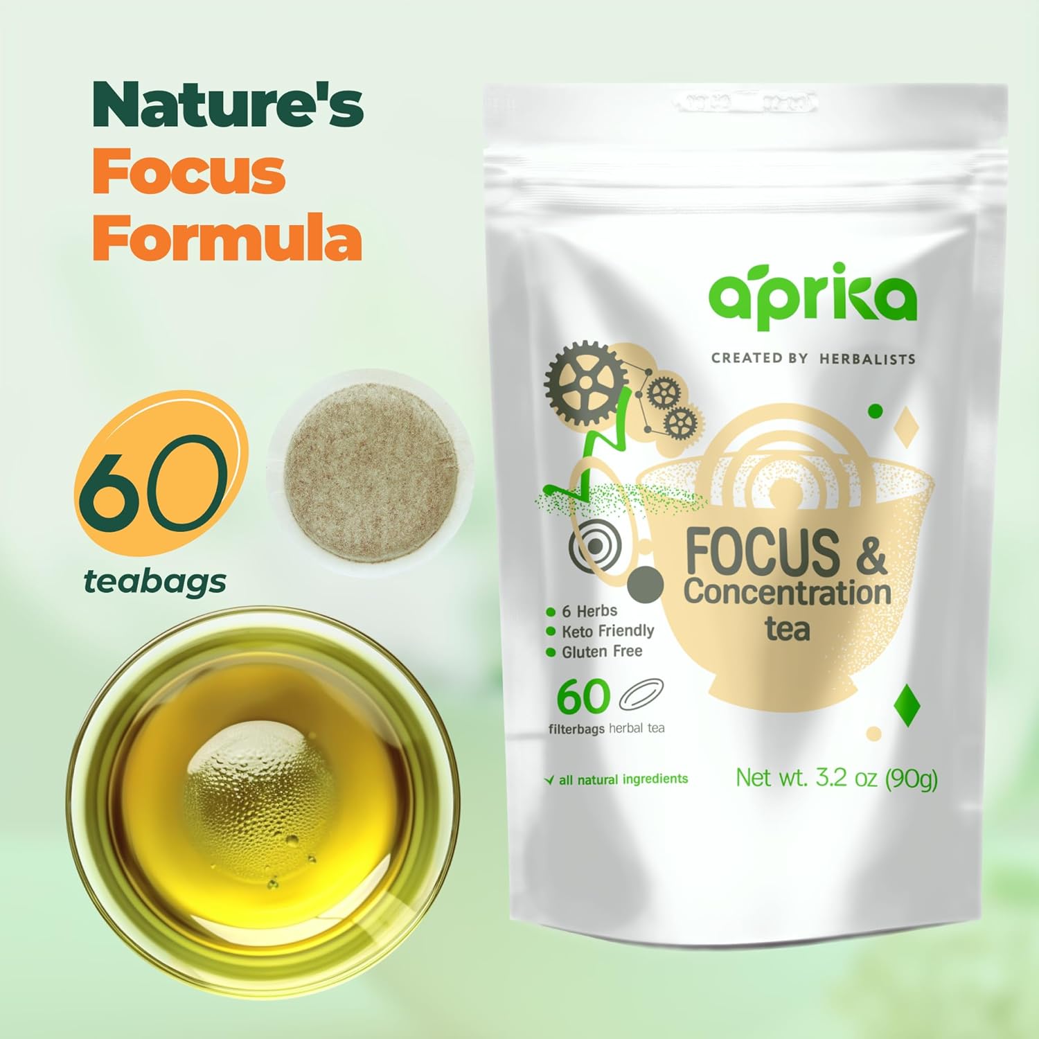 AprikaLife - Focus and Concentration Herbal Tea 100% Natural Herbal Tea Created by Herbalists - Yerba-Mate, Lemon Balm, Ginko Biloba, Thyme, Rosemary. Improves Attention & Energy – 60 Bags