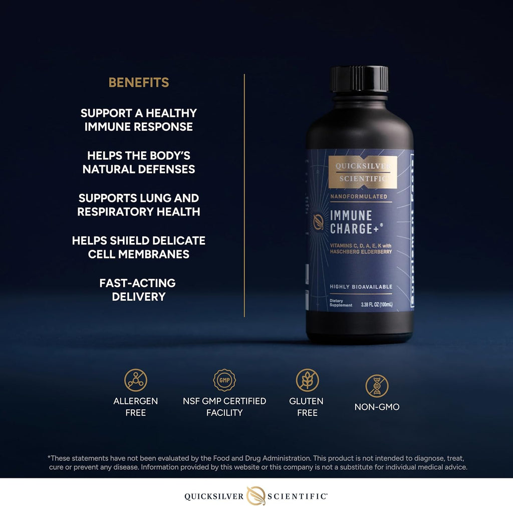 Quicksilver Scientific Immune Charge+ - Elderberry with 10,000 IU Vitamin D3, 25,000 Vitamin A, C, E, K1 & K2 for Immune Health & Lung Support (100ml)