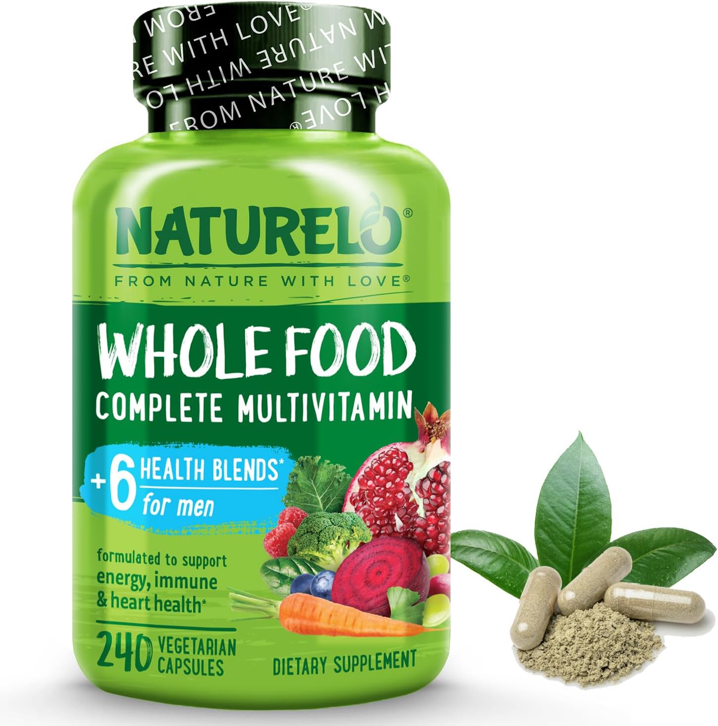 NATURELO Mens Multivitamins - Whole Food Multivitamin for Men with Vitamins, Minerals - 240 Vegetarian Capsules for Energy, Brain, Heart, Eye Health*