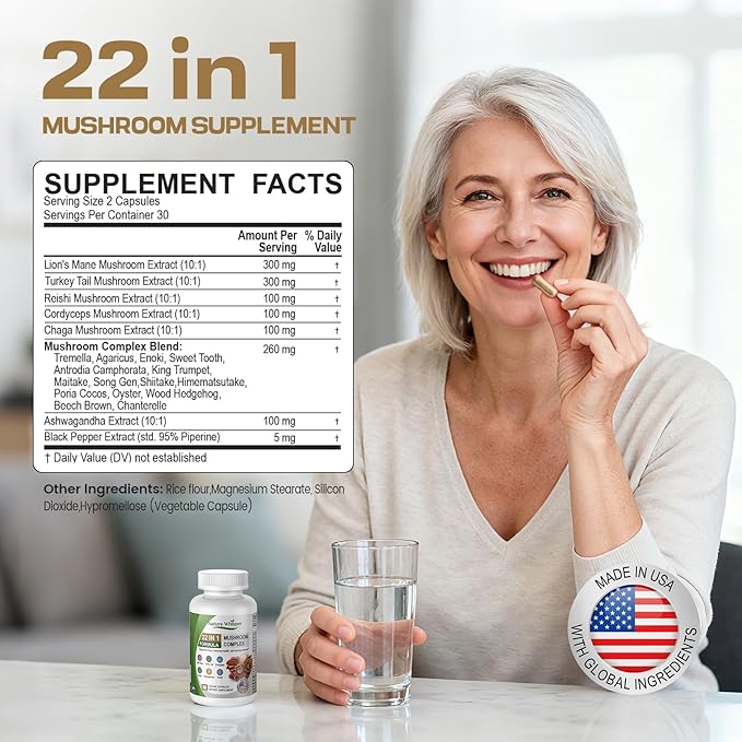22 in 1 Lions Mane Mushroom Supplement with Ashwagandha | Black Pepper for Wellness Support, Mushrooms Complex with Turkey, Tail, Reishi, Cordyceps, Chaga, Maitake & More - 60 Capsules