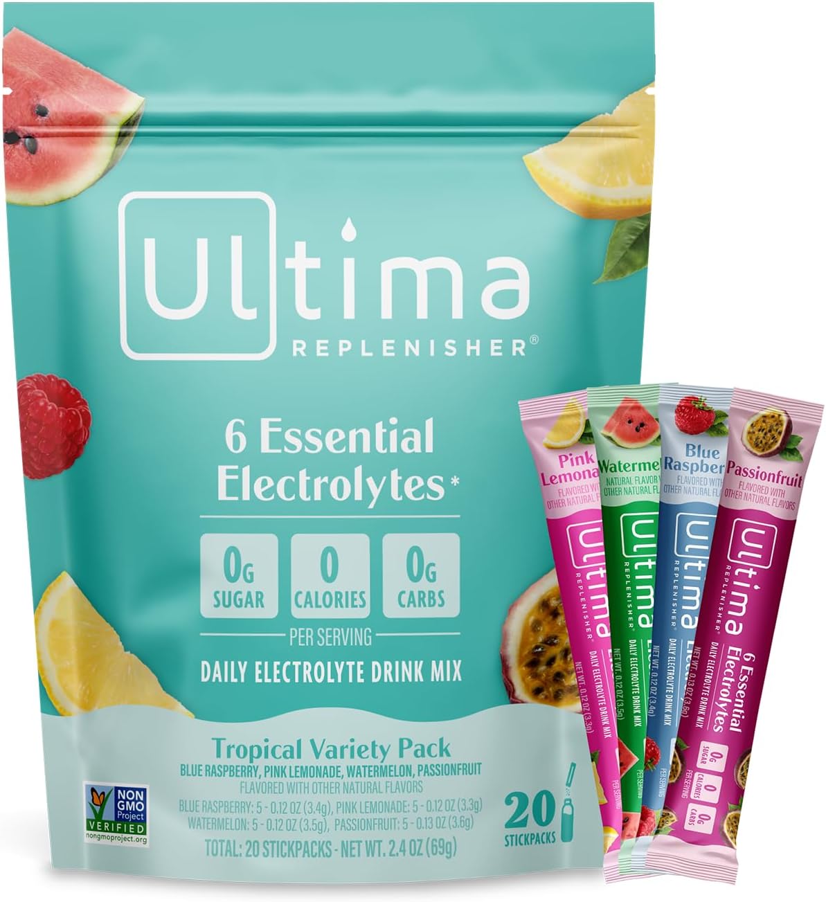 Ultima Replenisher Daily Electrolyte Powder Drink Mix – Sugar Free – Tropical Variety, 20 Stickpacks – Hydration Packets with 6 Electrolytes and Minerals – Keto Friendly, Non-GMO