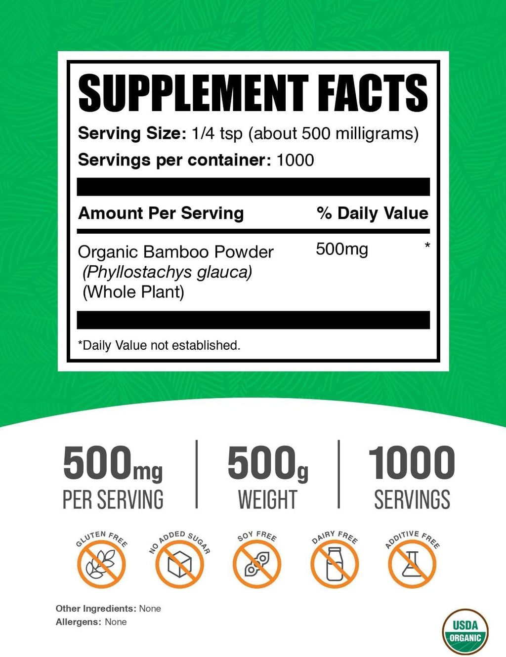 BulkSupplements.com Organic Bamboo Powder - Silica Supplements, Bamboo Supplement - Gluten Free, 500mg per Serving, 500g (1.1 lbs) (Pack of 1)