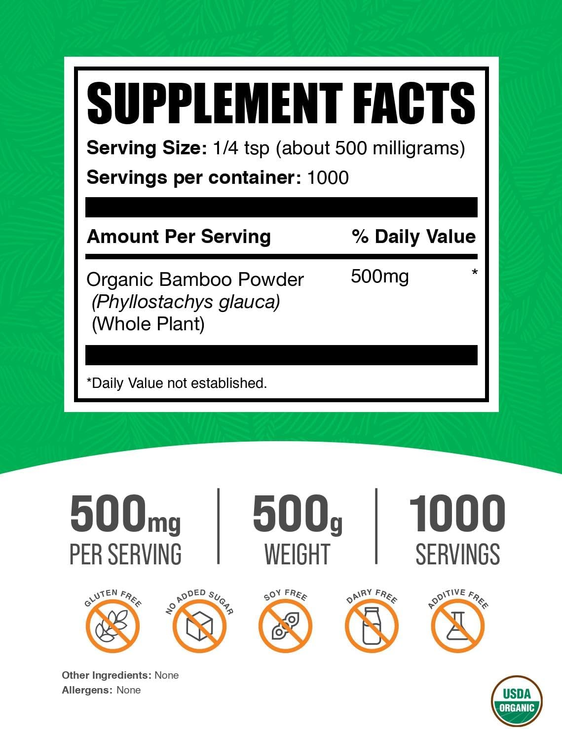 BulkSupplements.com Organic Bamboo Powder - Silica Supplements, Bamboo Supplement - Gluten Free, 500mg per Serving, 500g (1.1 lbs) (Pack of 1)