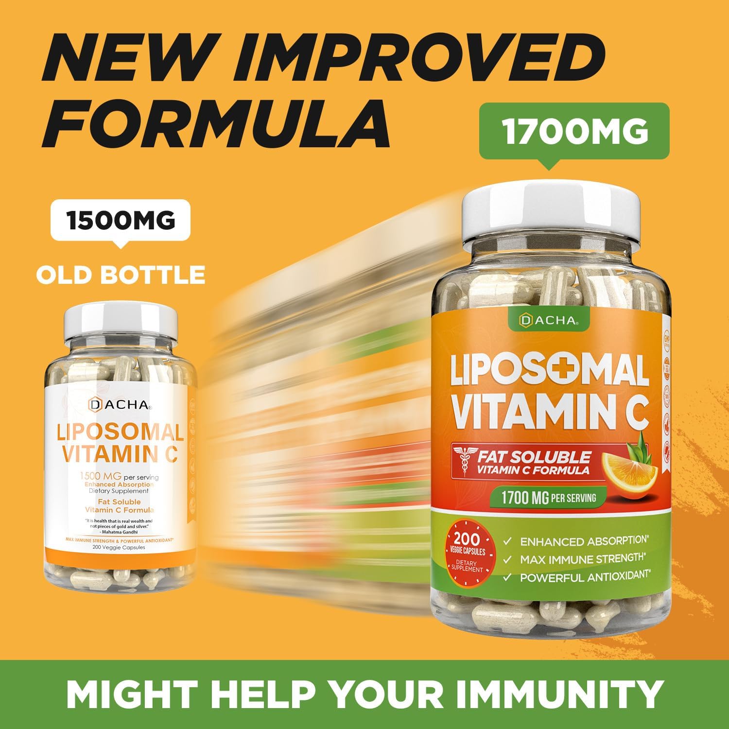 DACHA Natural Liposomal Vitamin C - 1700mg, 200 Capsules, Immune System & Collagen Booster, High Absorption Fat Soluble VIT C, Buffered, Skin Vitamins, Vegeterian, Vegan