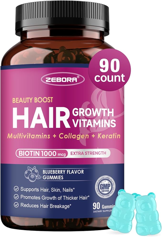 ZEBORA Hair Growth Vitamins with Biotin, Keratin & Collagen - Biotin Gummies with Beauty Support Blend for Hair, Skin & Nails - Vegan Hair Vitamins for Women & Men - 90 Blueberry Gummies, Non-GMO