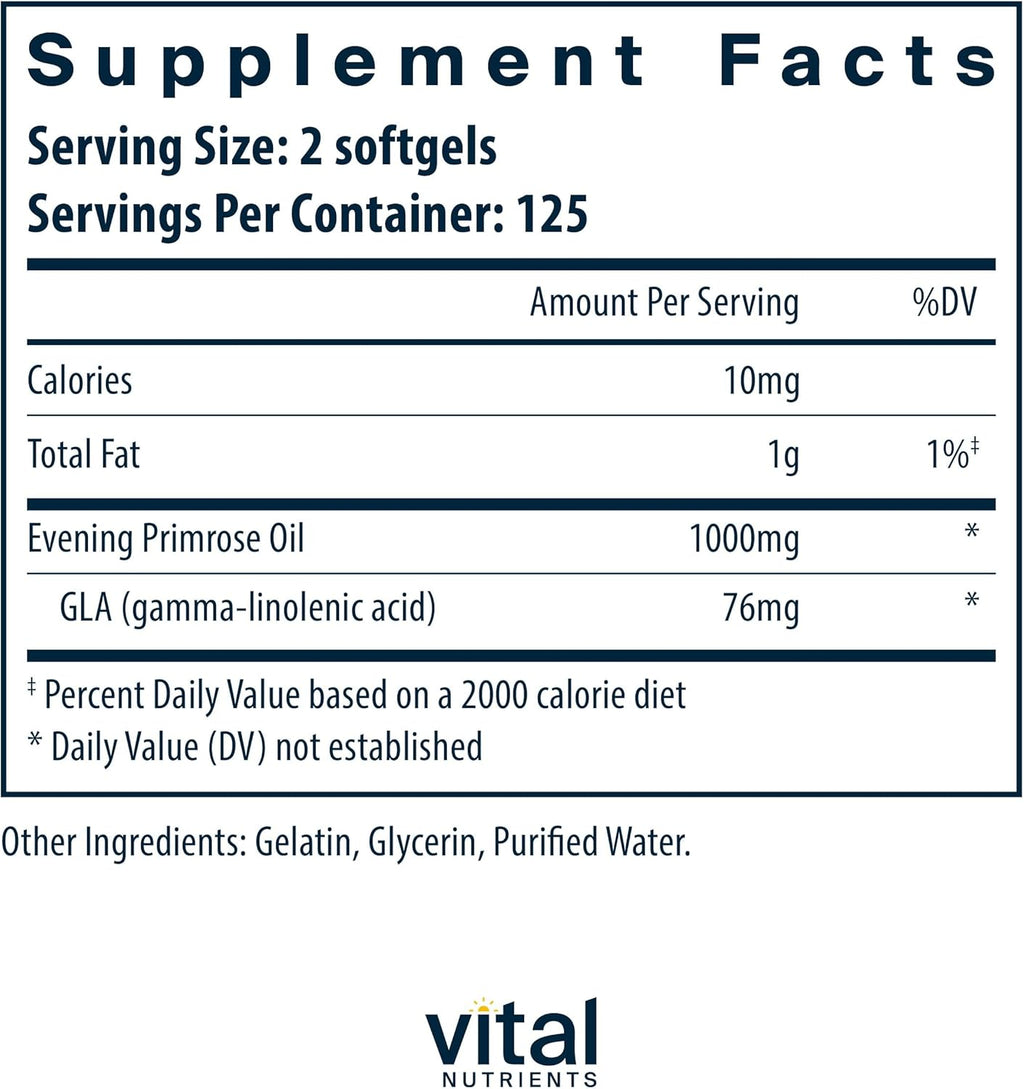 Vital Nutrients Evening Primrose Oil 1000mg | Primrose Supplement for Women | GLA Omega-6 Fatty Acid for Skin and PMS Support* | Gluten, Dairy, Soy Free | Non-GMO | 250 Softgels