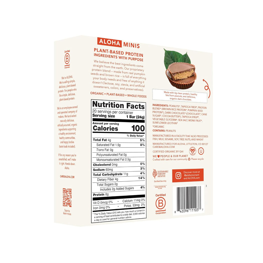 ALOHA Organic Plant Based Protein Bar MINIS |Peanut Butter Cup | 20 Count, 24g Bars | Vegan, Low Sugar, Gluten Free, Low Carb, Non-GMO, Stevia Free, Soy Free, No Sugar Alcohols