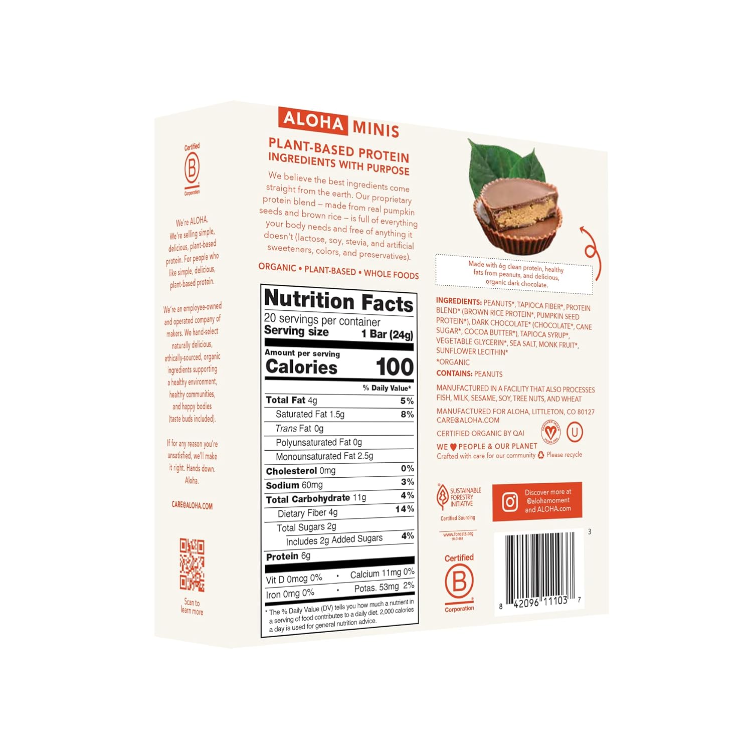 ALOHA Organic Plant Based Protein Bar MINIS |Peanut Butter Cup | 20 Count, 24g Bars | Vegan, Low Sugar, Gluten Free, Low Carb, Non-GMO, Stevia Free, Soy Free, No Sugar Alcohols