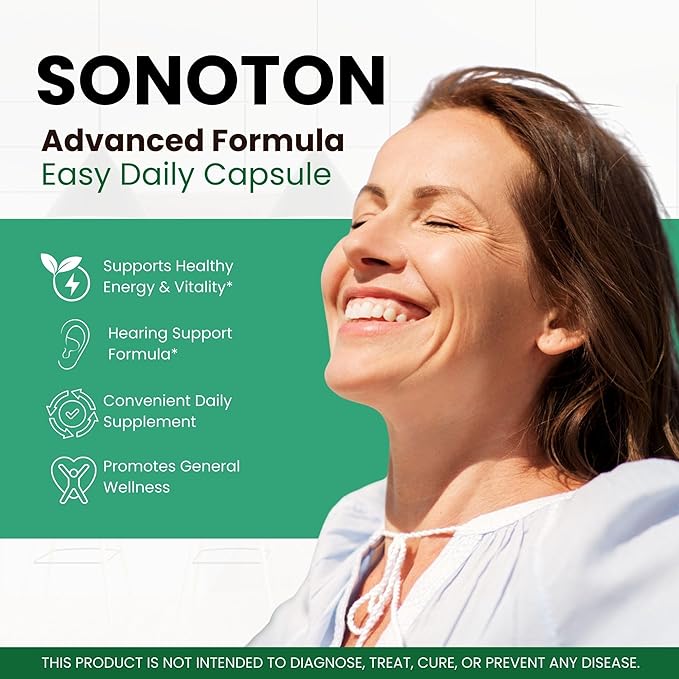 Sonoton Capsules - Official Ear Health Support Pills Premium Advanced Formula All Natural Supplement Multivitamin for Overall Ear & Hearing Wellness, 60 Capsules for 1 Month