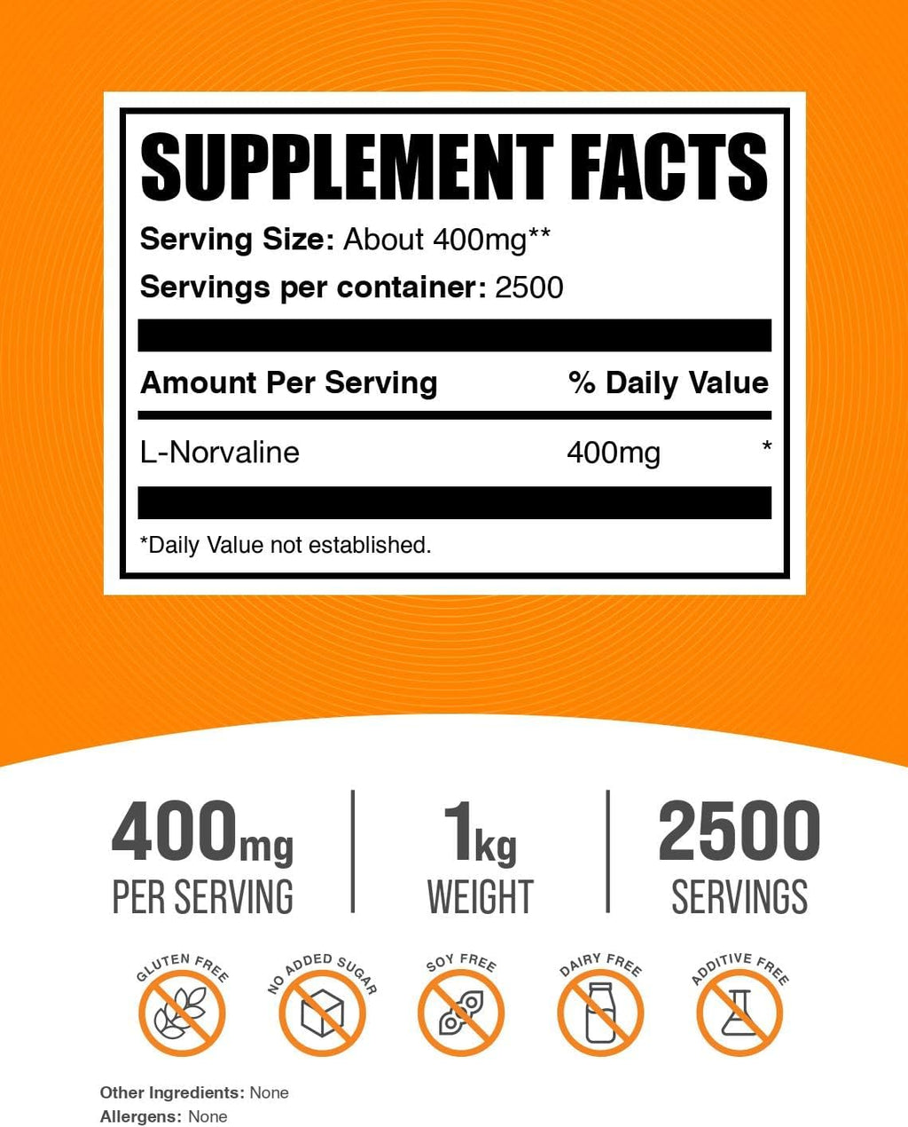 BulkSupplements.com L-Norvaline Powder - L-Norvaline Supplement, Nitric Oxide Supplement, Amino Acid - Gluten Free, 400mg per Serving, 1kg (2.2 lbs) (Pack of 1)