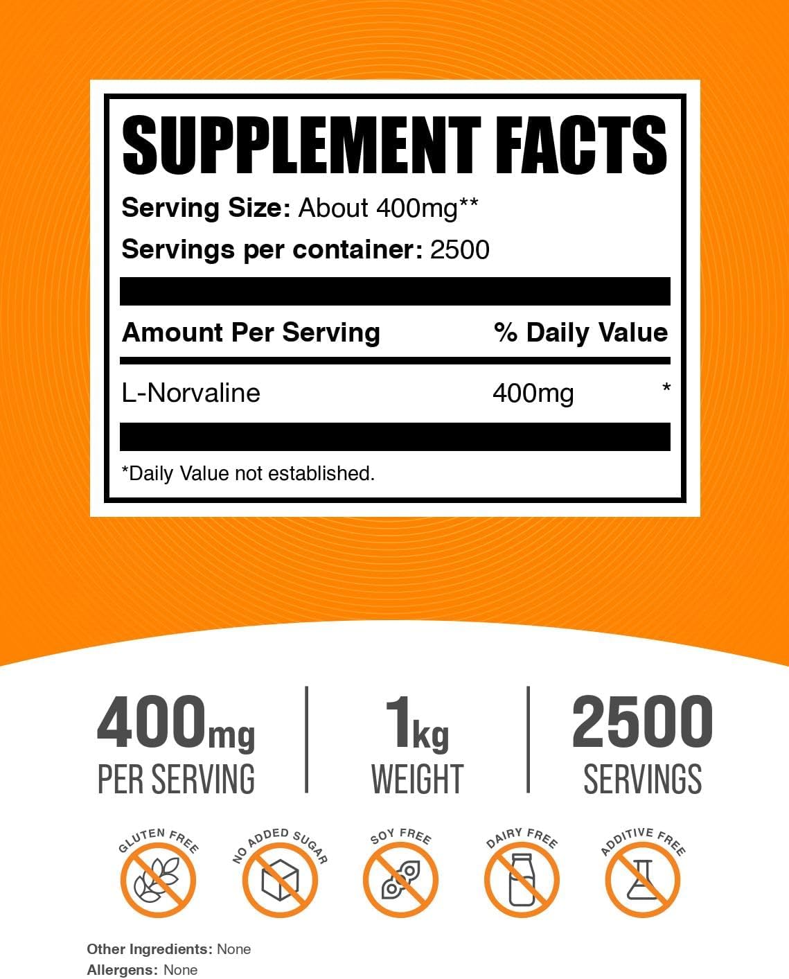 BulkSupplements.com L-Norvaline Powder - L-Norvaline Supplement, Nitric Oxide Supplement, Amino Acid - Gluten Free, 400mg per Serving, 1kg (2.2 lbs) (Pack of 1)