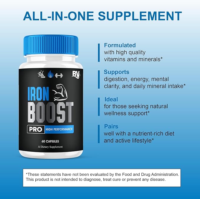 Iron Boost Pro Premium Performance Capsules, Iron Boost Advanced Health Supplement Pills, Iron Boost Premium Daily Health Support and Overall Wellness Formula by Blue Vibe (2 Pack - 120 Capsules)
