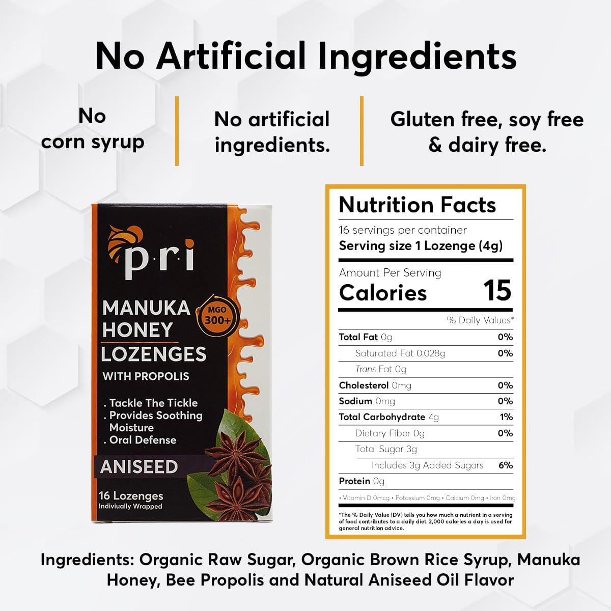 P.R.I Manuka Honey Lozenges with Propolis, Soothing Cough and Throat Drops, MGO 300+ Certified, (Original Aniseed, 16 Count/2 Pack)