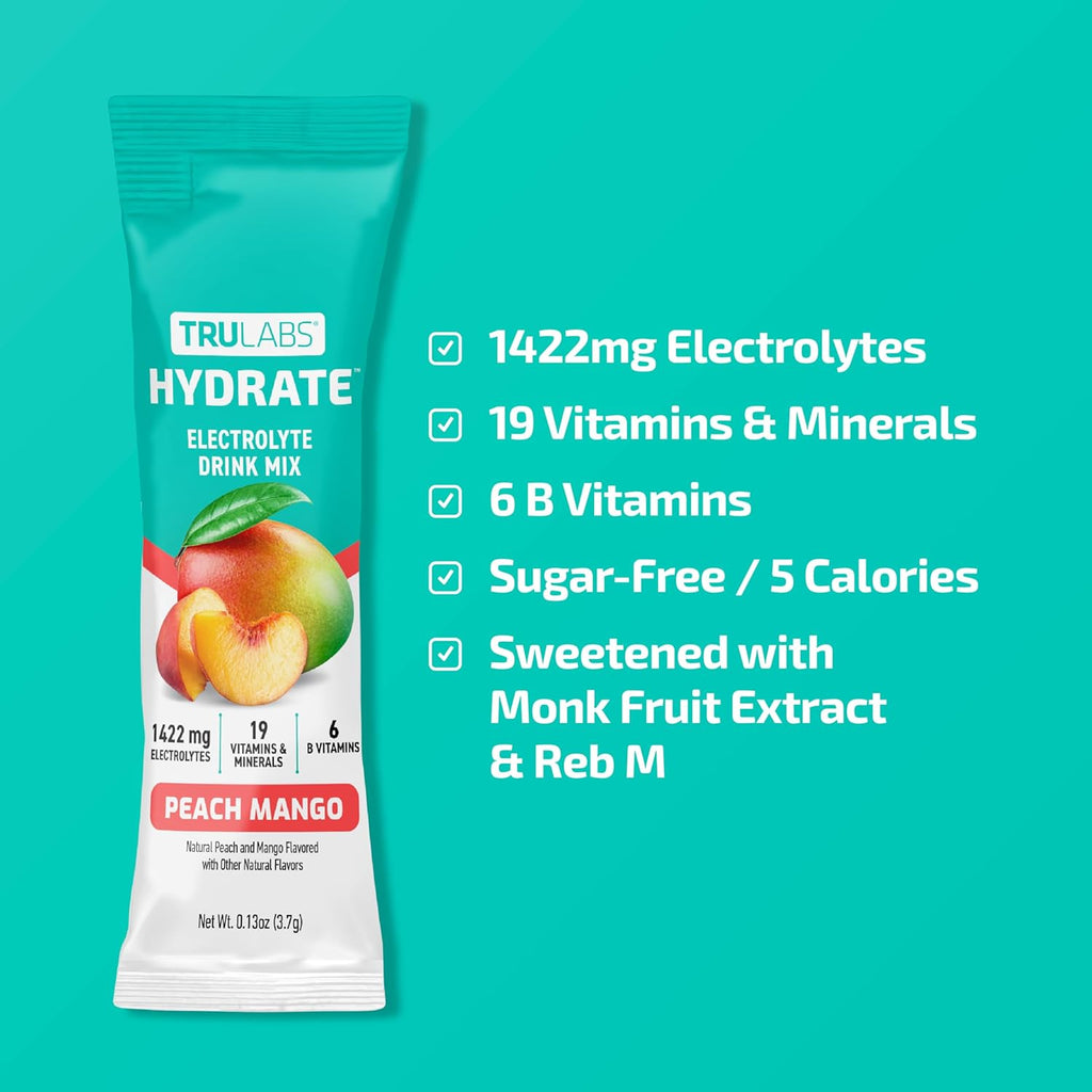 TRULABS Hydrate - Peach Mango. Sugar Free Electrolytes Hydration Packets. Each Serving Contains 1422 mg of Electrolytes &19 Vitamins & Minerals (16 ct)