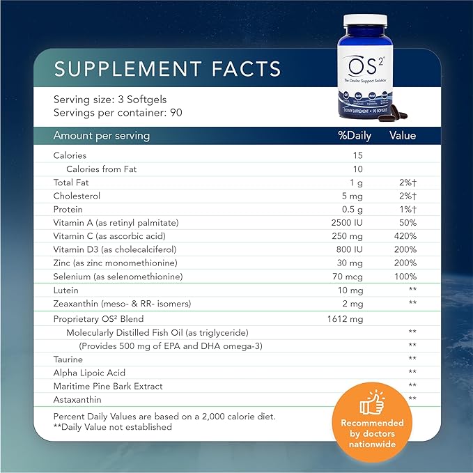 OS2 Ocular Support Solution - Patented Eye Vitamins for Macular Health, Dry Eye and Blue Light - Lutein, Zeaxanthin, Omega 3, Astaxanthin and AREDS2 Supplements, Co-Developed by NASA, 90 ct