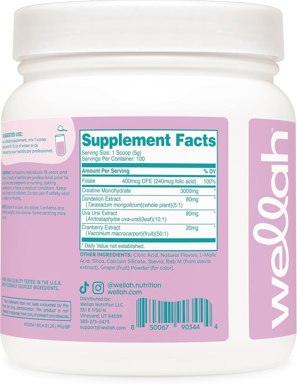 Wellah Creatine for Women - Creatine Monohydrate with Dandelion & Cranberry Extract (100 Servings, Blueberry Pomegranate)