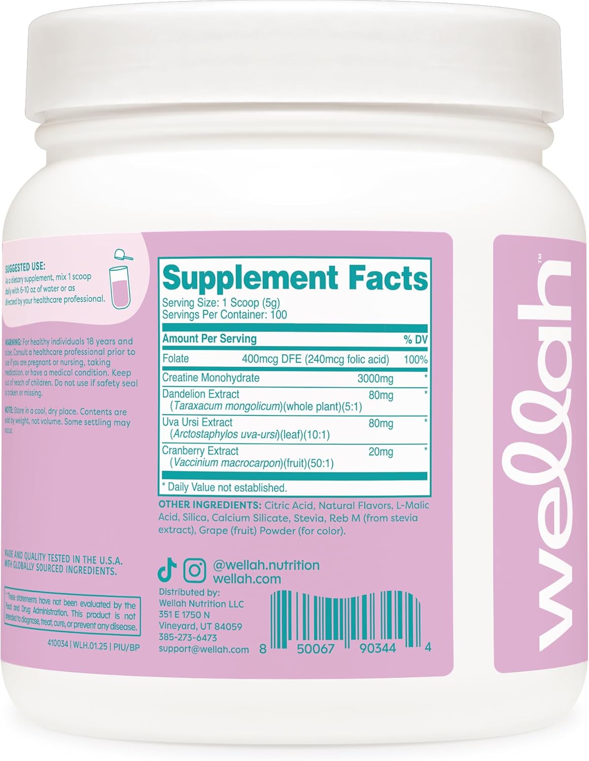 Wellah Creatine for Women - Creatine Monohydrate with Dandelion & Cranberry Extract (100 Servings, Blueberry Pomegranate)