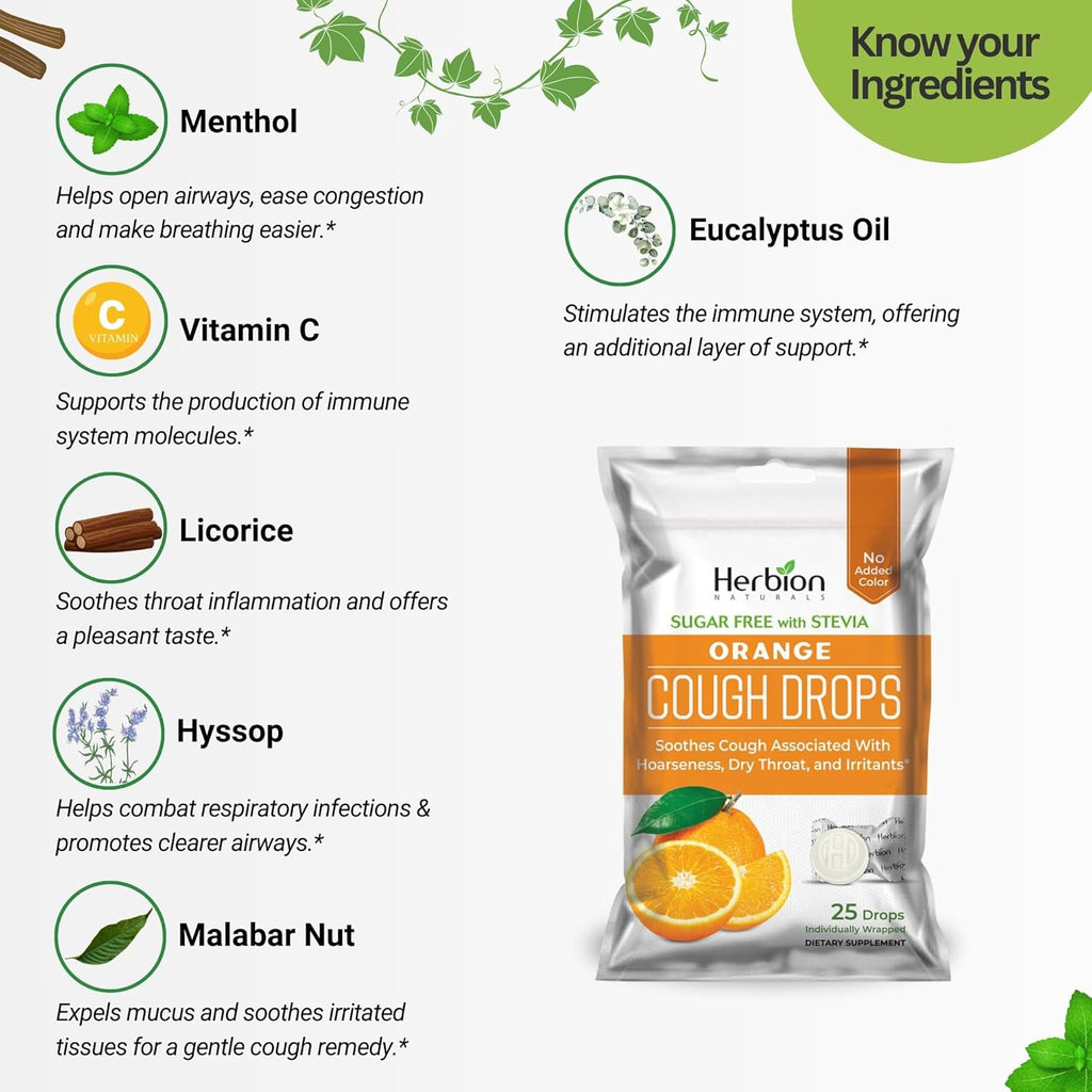 HERBION Naturals Cough Drops, Sugar Free with Stevia, Dietary Supplement, Soothes Cough, for Adults & Children Over 6 Years, 25 Count, Orange, Pack of 1