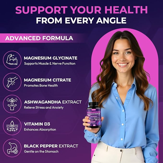 Magnesium Glycinate Complex 1150mg - Gentle on Stomach High Absorption Magnesium Capsules with Citrate, Silica, Ashwagandha & Vitamin B6 for Zzz, Stress Relief, Muscle Support for Adults, Women & Men