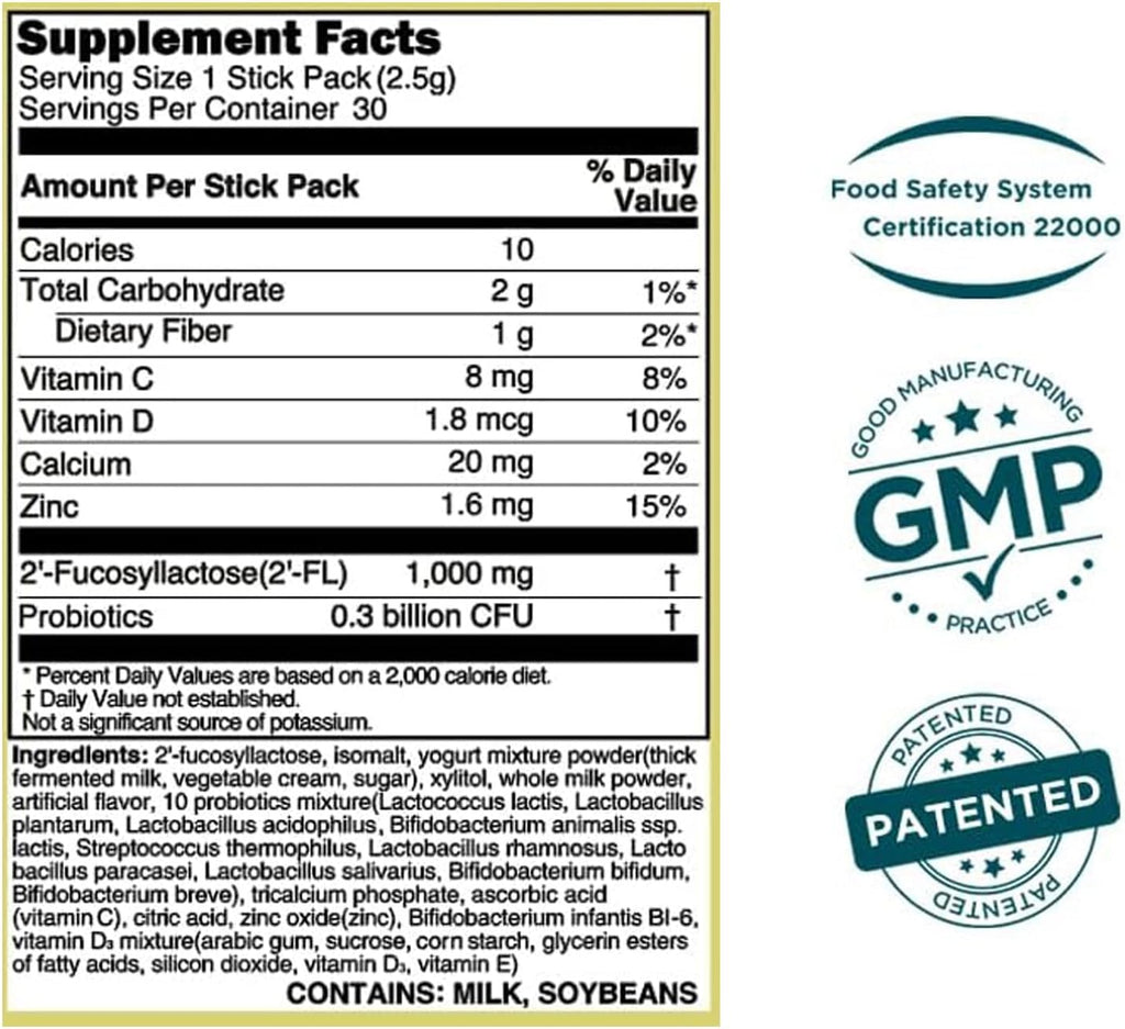 MOMSTAMIN 2'-FL HMO Prebiotics & Probiotics for Kids, 1000mg Human Milk Oligosaccharide 2'-FL Powder, Patented 11 Strains, Healthy Gut Microbiome, Immune & Digestive Supplement, IBS Relief - 30 Sticks